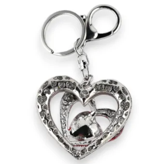 Silver triple heart keychain with red relief