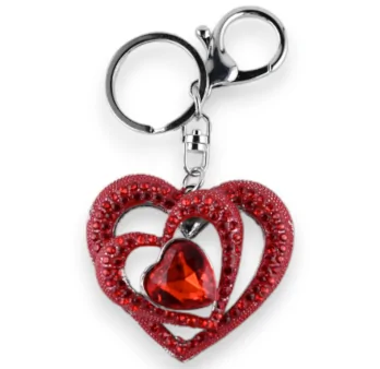 Silver triple heart keychain with red relief