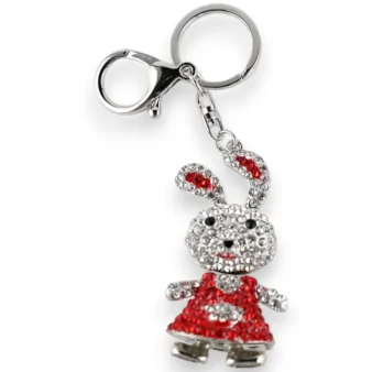 éeSilver keychain small red and white rhinestone rabbit
