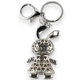 éeSilver keychain small red and white rhinestone rabbit