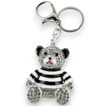 et blancSilver teddy bear keychain with black and white striped jersey
