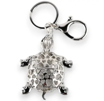 Silver Turtle Keychain with Black and White Rhinestones