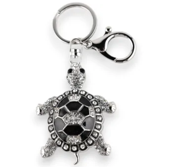 Porte-clés argenté tortue strass noir et blanc