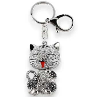 Silver Cat with Strass Sitting Keychain