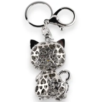 Porte-clés argenté chat strass assis