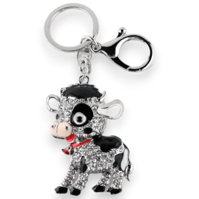 Porte-clés argenté petite vache marrante