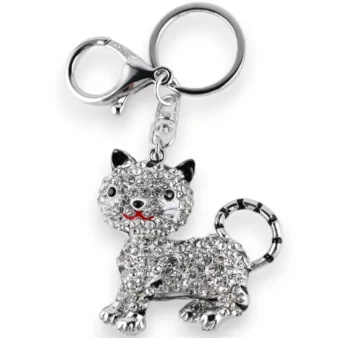 Silver cat keychain with black tiger strass