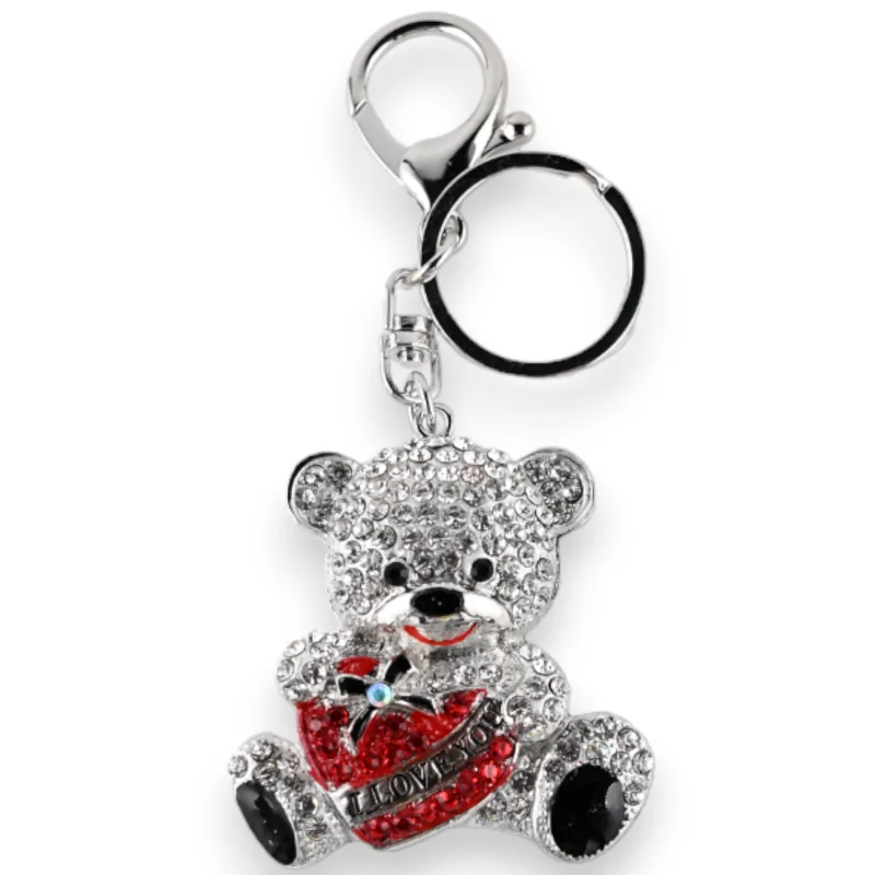 Silver Teddy Bear Keychain with Red Heart "ILoveYou"