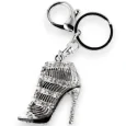 Silver keychain high heel shoe with flowers and rhinestones