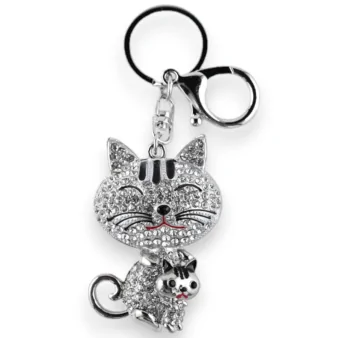 Silberner Schlüsselanhänger mit Katze und Kätzchen