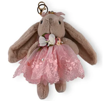 Shabby Taupe and Pink Rabbit Keychain