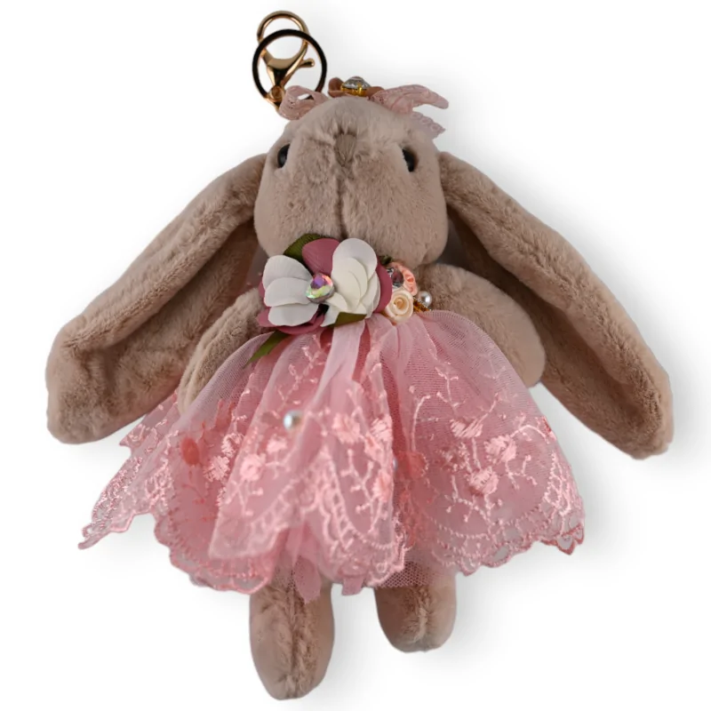 Porte clés lapin shabby taupe et rose