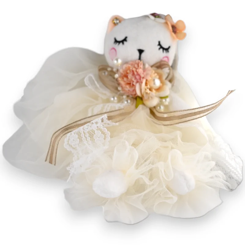 White Shabby Cat Keychain with Tulle and Lace