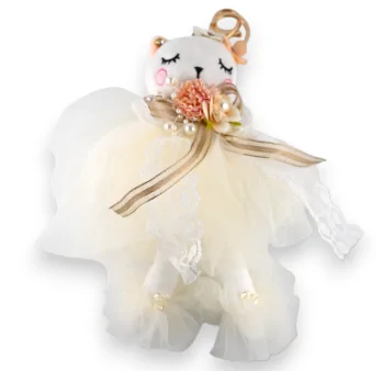 White Shabby Cat Keychain with Tulle and Lace