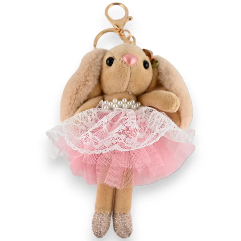 Porte-clés petit lapin beige tutu rose