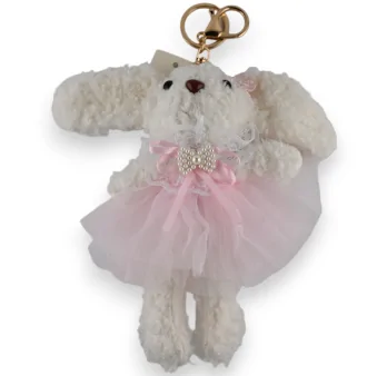 White Fluffy Bunny Keychain with a Pink Tutu