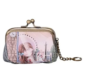 Stylish Cat and Little Girl Pink Wallet with Metal Closure