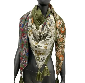Four-way printed scarf in khaki shade with skull