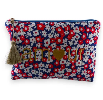 Cotton fabric pouch with red and white flowers