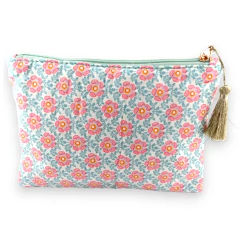HAPPY pouch printed cotton with pink and water green flowers