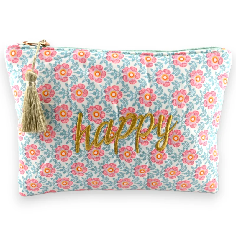 Pochette HAPPY coton imprimé fleurs rose et vert d'eau