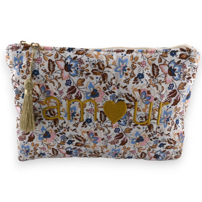 Cotton fabric pouch with pastel floral love design