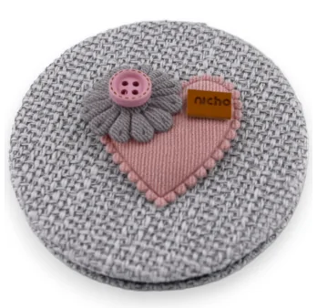 Espejo de bolsillo pequeño gris con corazón flor 3D rosa