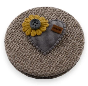 Small pocket mirror in taupe with grey flower heart