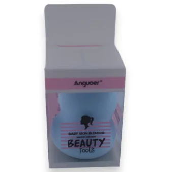 Éponge à maquillage bleu ciel dans son emballage rose et blanc Anggel