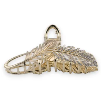 Gold hair clip with white rhinestone leaves