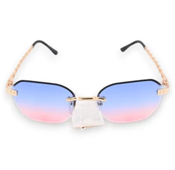 Oval frame glasses with pink and blue tint