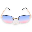 Oval frame glasses with pink and blue tint