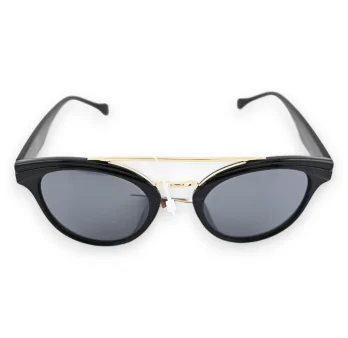 Gafas de diseño redondas negras con barra transversal dorada