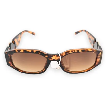 Rechteckige Sonnenbrille mit Leopard-Muster, braunen Bügeln und breiten goldenen Schmuckstücken