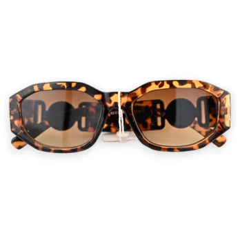 Gafas rectangulares de leopardo marrón con patillas anchas y joyas doradas