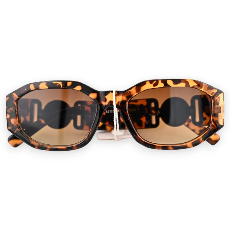 Gafas rectangulares de leopardo marrón con patillas anchas y joyas doradas