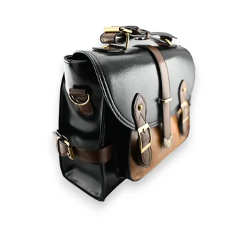 Sac cartable vintage grand format noir et camel