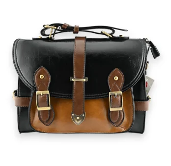 Schwarze und Kamelfarbene große Vintage-Schultasche Schwarze und Kamelfarbene große Vintage-Schultasche