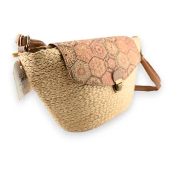 Straw and cork shoulder bag with flap
