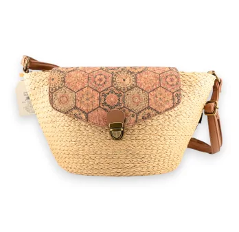 Straw and cork shoulder bag with flap