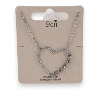 Silver steel necklace with a heart pendant and sparkling stones