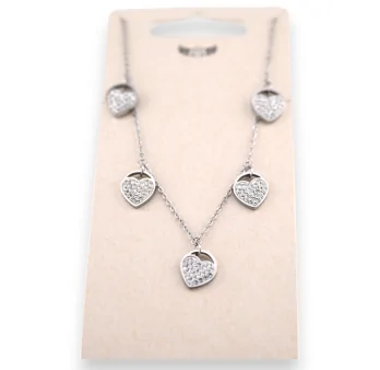 Silver steel necklace with 5 shiny heart pendants