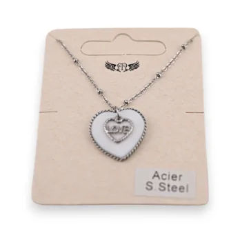Silver steel necklace with double heart pendant and mother-of-pearl LOVE