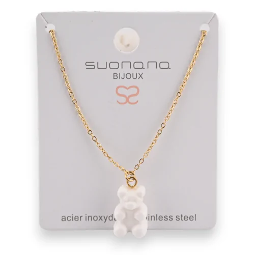 Stainless steel necklace with opaque white candy bear pendant
