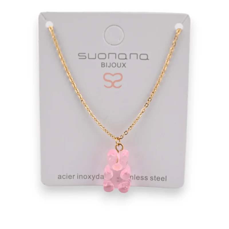 Collier acier nounours bonbon rose translucide