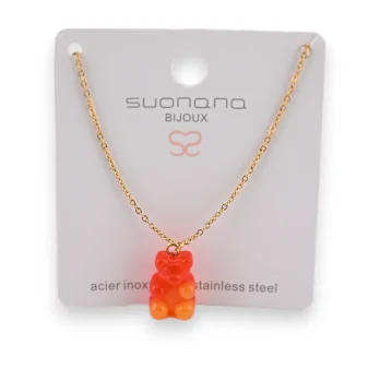 Golden steel necklace with a teddy bear pendant in tangy orange candy color