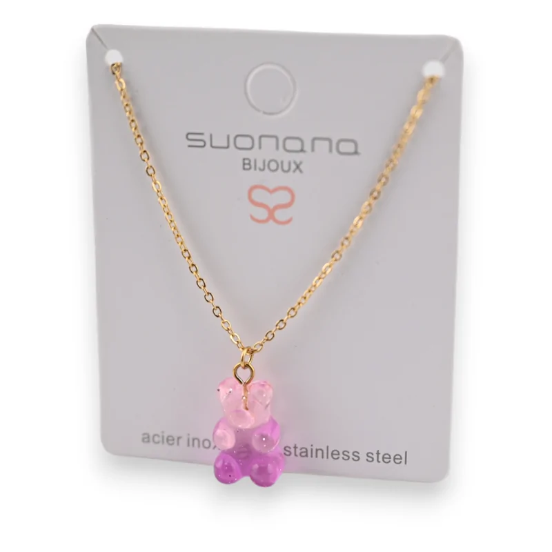 Collier acier nounours bonbon rose et violet