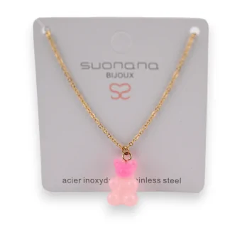 Steel necklace with candy bear pendant in shades of pink