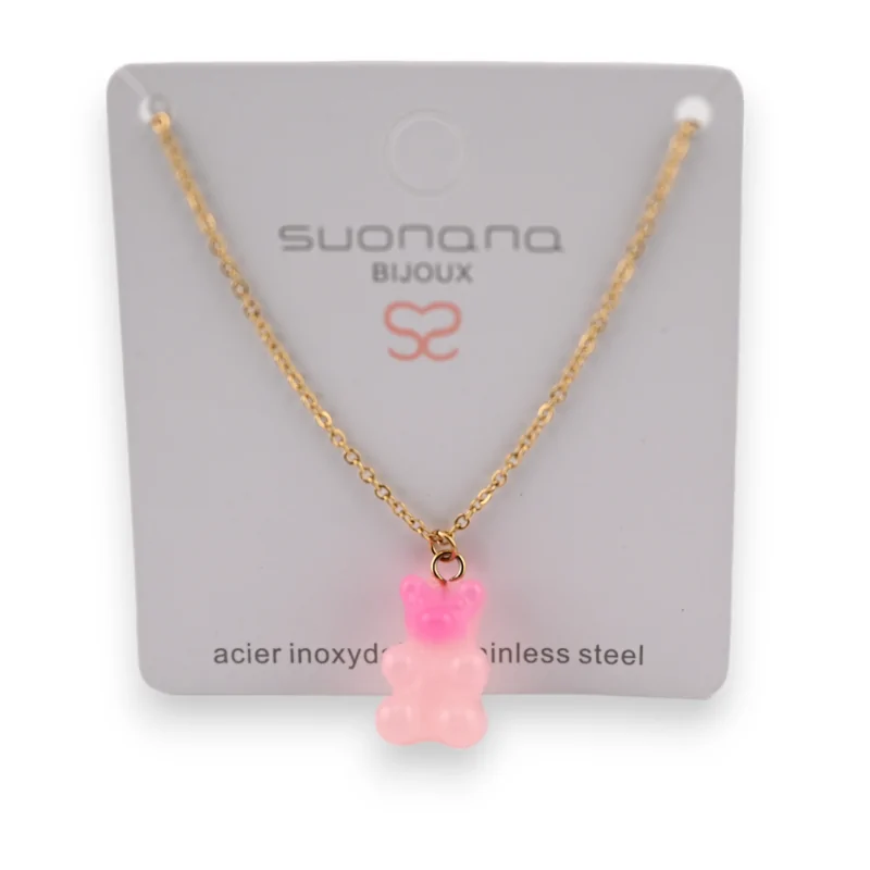 Steel necklace with candy bear pendant in shades of pink