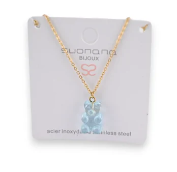 Collier acier nounours bonbon bleu ciel translucide